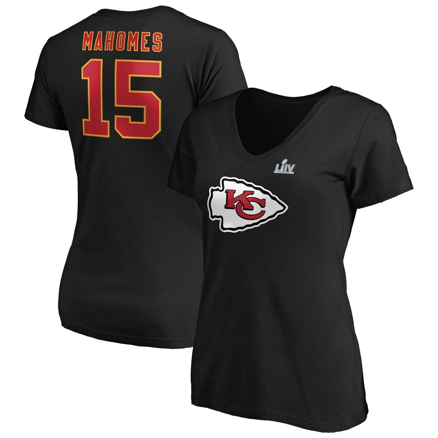 Women's Kansas City Chiefs #15 Patrick Mahomes NFL Black Super Bowl LIV Bound Halfback Player Name & Number V-Neck T-Shirt
